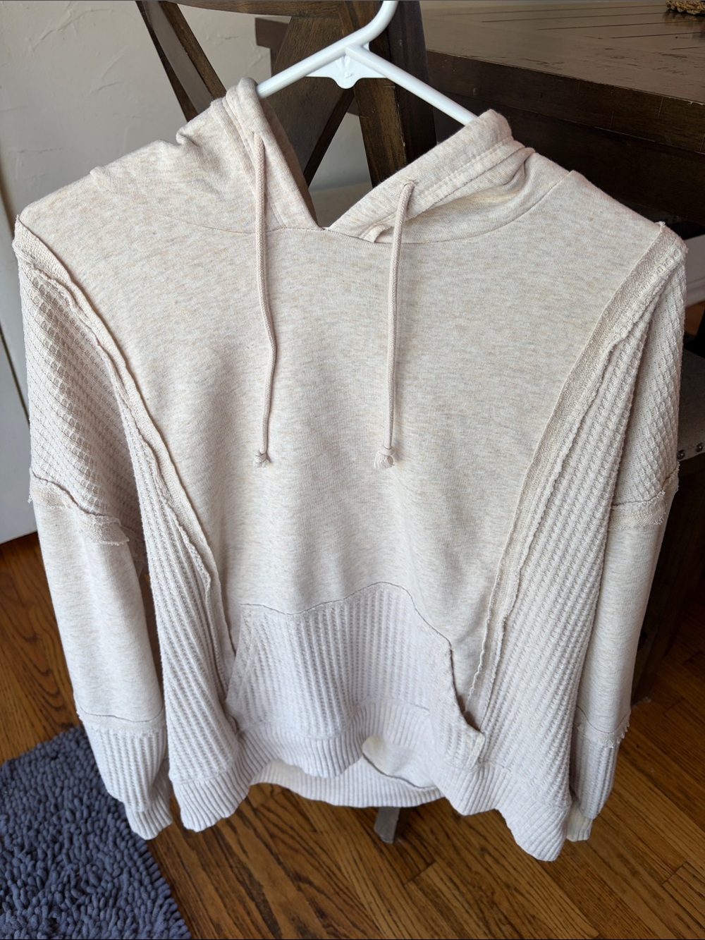 Time and Tru Lightweight Cream Knit Hoodie with Waffle Panels